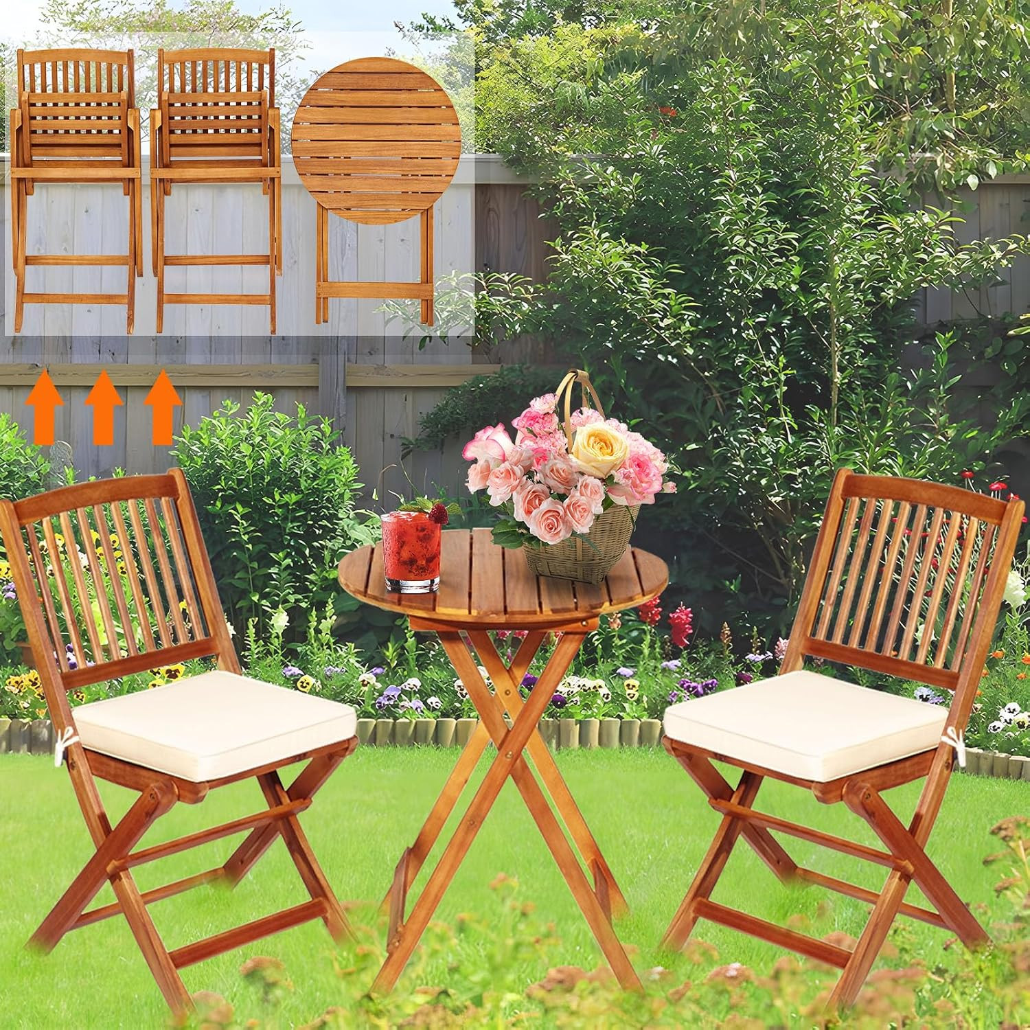S AFSTAR Bistro Table and Chairs Set of 2, Acacia Wood Folding Bistro Set for 2