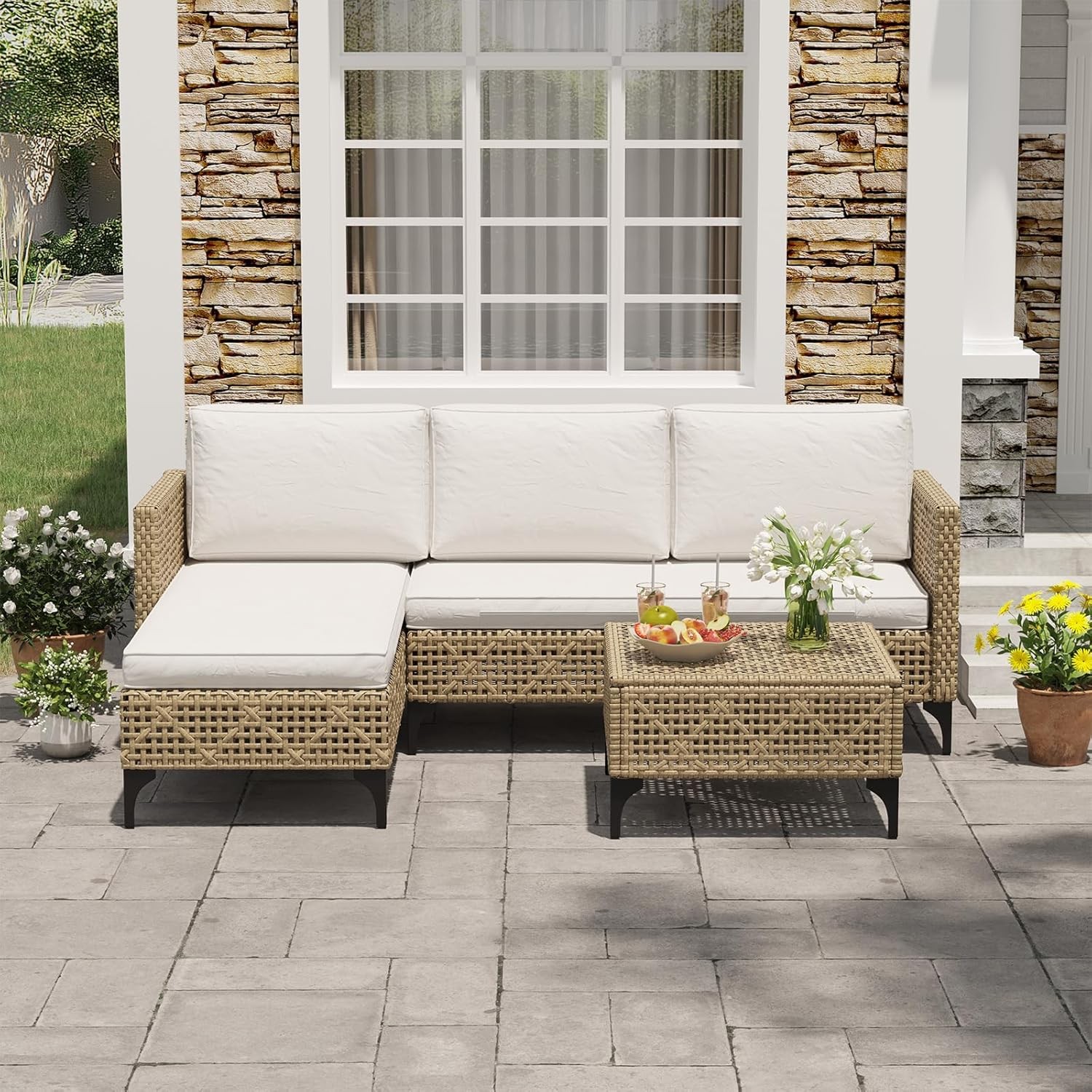All-Weather 3-Piece Wicker Sectional Set with Cushions & Coffee Table