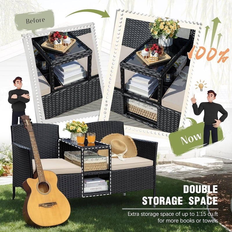 Outdoor Patio Loveseat Black Wicker 2-Seat Patio Set with Cushions & Center