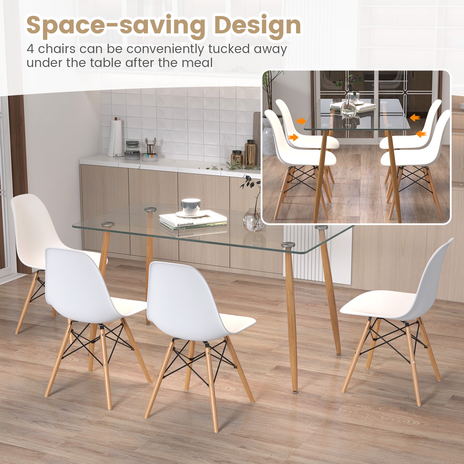 5 PCS Dining Table Set for 4 Rectangle Glass Table & 4 Modern Chairs for Home
