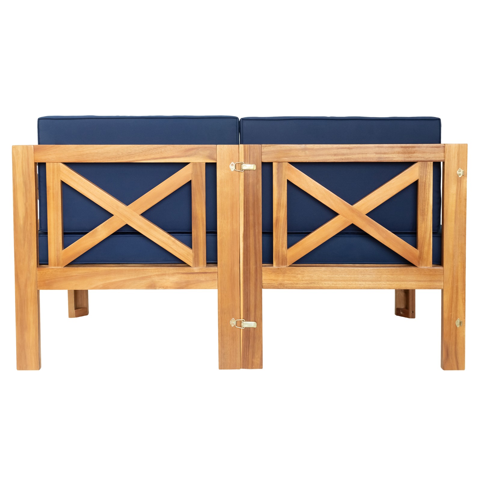 5-Piece Acacia Wood Patio Sectional Sofa Set with Blue Cushions – Natural Finish