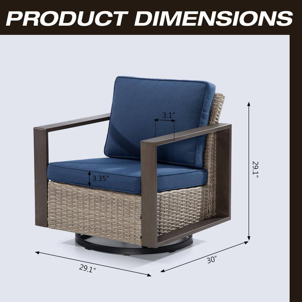 2-Piece Patio Wicker Outdoor Rocking Chair with Metal Frame and Dark Blue Cushio