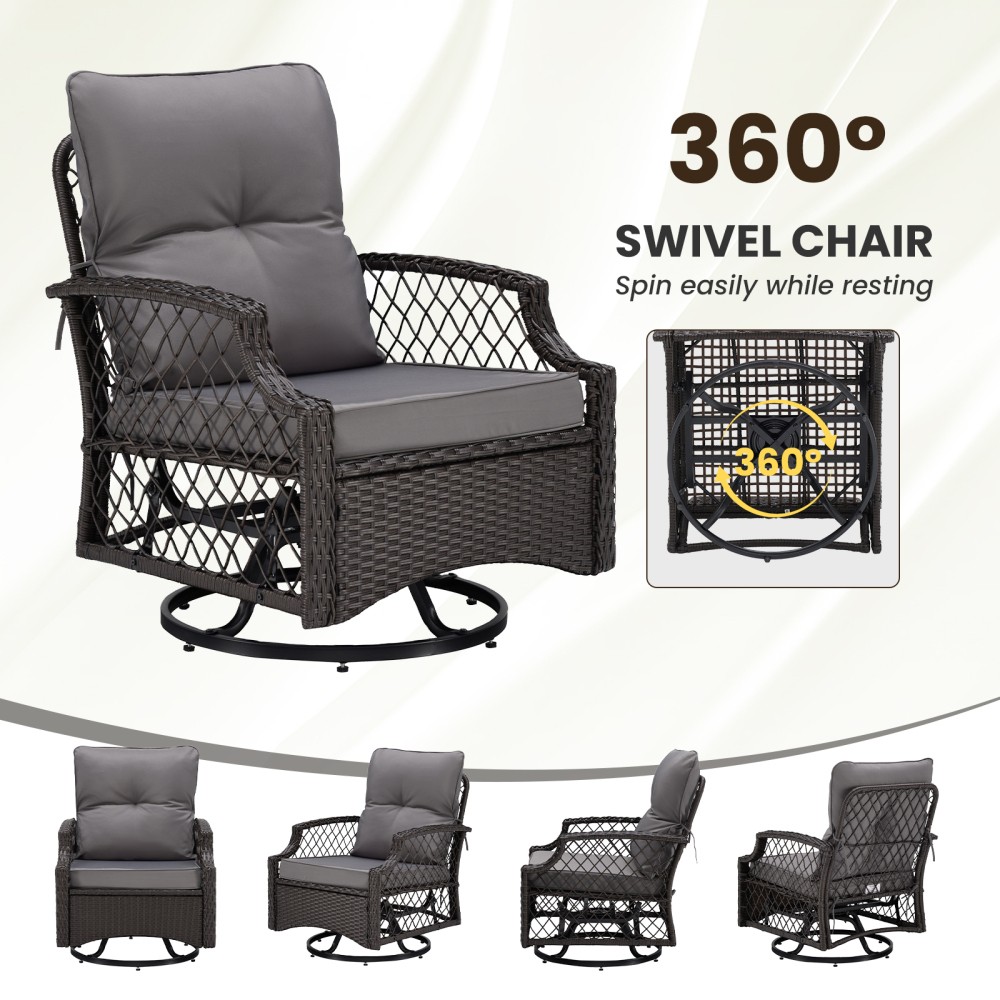 3-Piece Patio Set, Wicker Swivel Chairs with Cushions and Side Table for Yard