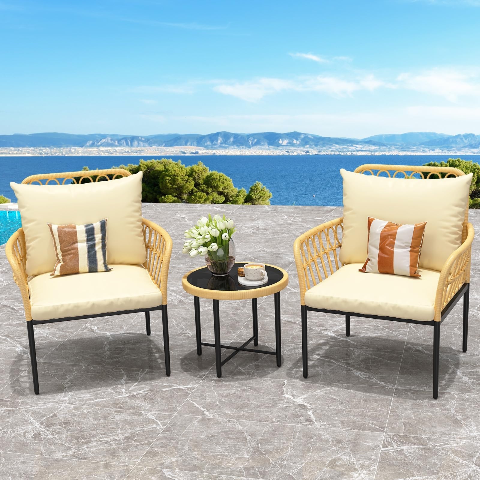 3 Pieces Patio Furniture Conversation Set with 2 Rattan Chairs Glass Coffee Tabl