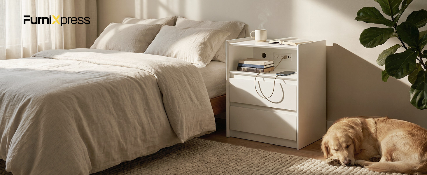 24″ Tall Nightstand with Charging Stat Including USB-C, Modern Bedside