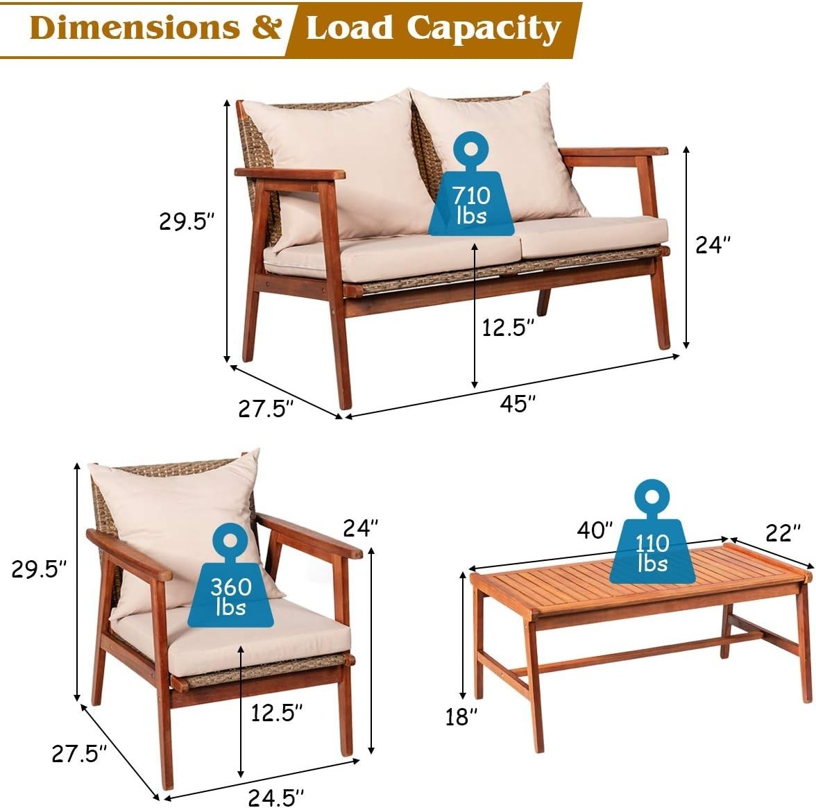 Stylish 4 PCS Wood Sofa Set with Thick Cushions – Perfect for Patio & Garden