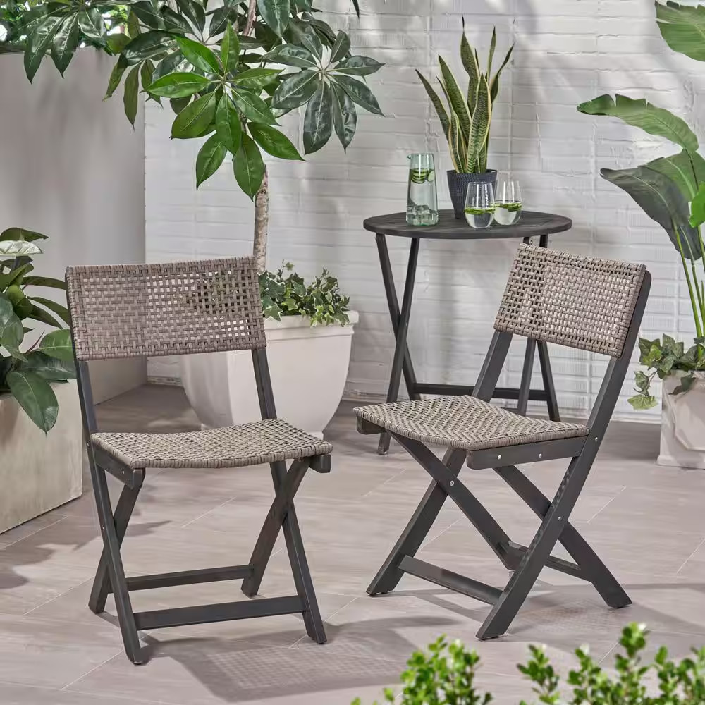 Set of 2 Outdoor Acacia Foldable Wicker Chairs, Gray+Brown, for Restaurants, Pat