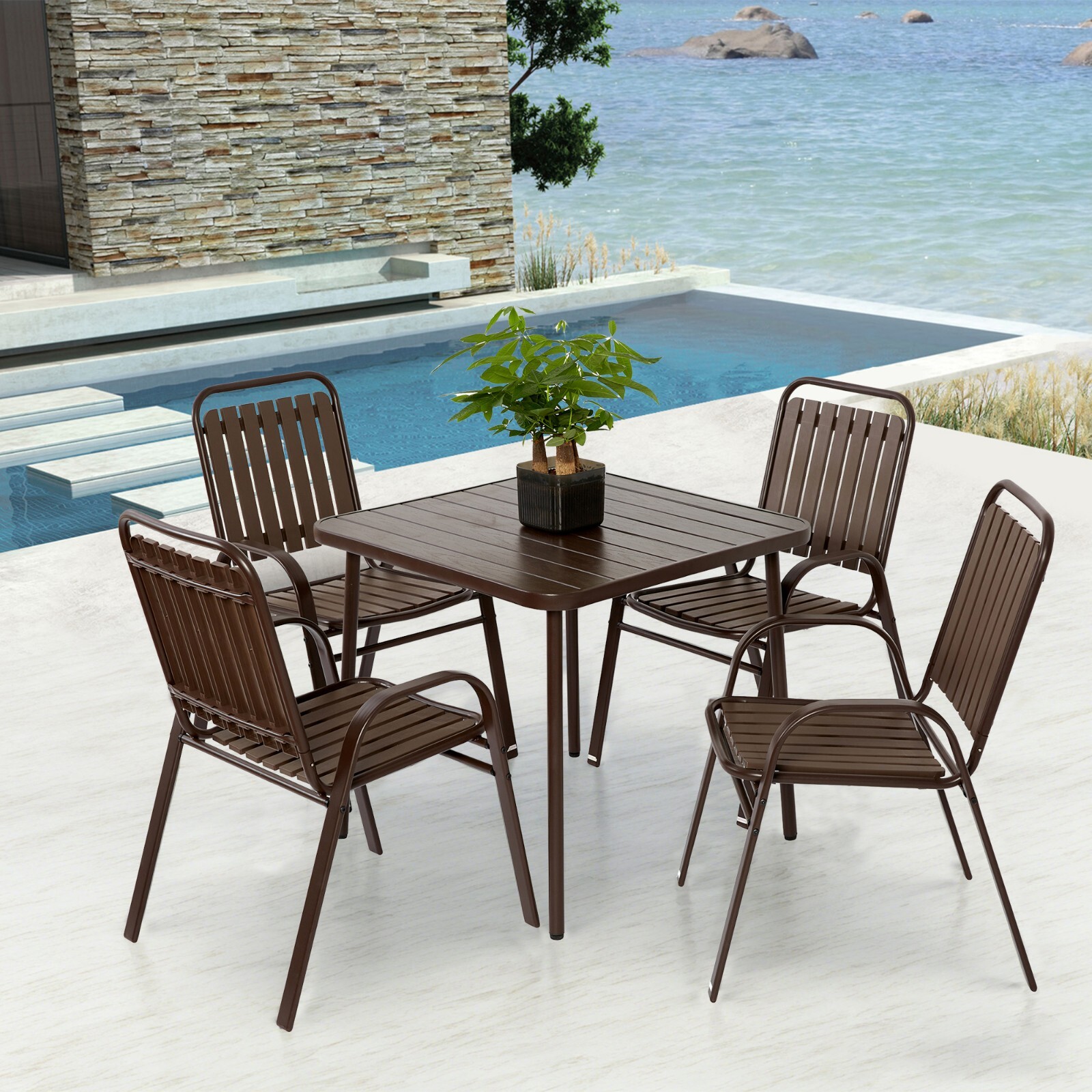5 PCS Outdoor Dining Set Patio Table Chairs Furniture Set Garden Armchairs Brown