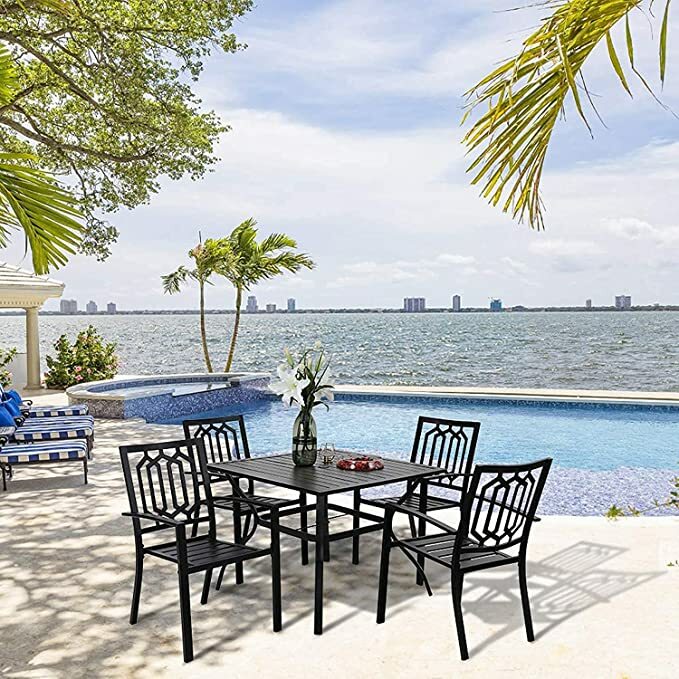 5 Piece Outdoor Dining Set Patio Chair Stackable Square Table with Umbrella Hole