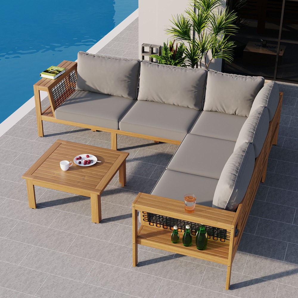 4-Piece Acacia Wood Patio Sofa Set w/ Coffee Table – L-Shaped Outdoor Sectional