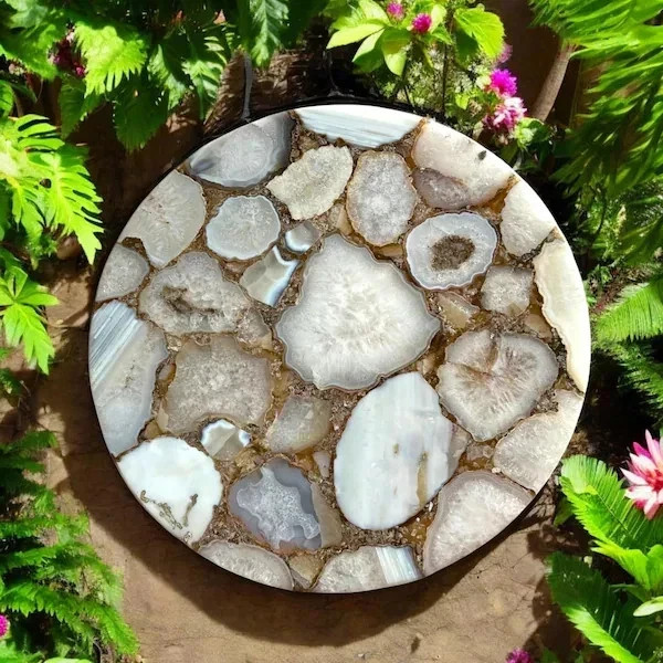 Elegant White Agate Coffee Table Round Natural Stone Inlay Resin Table