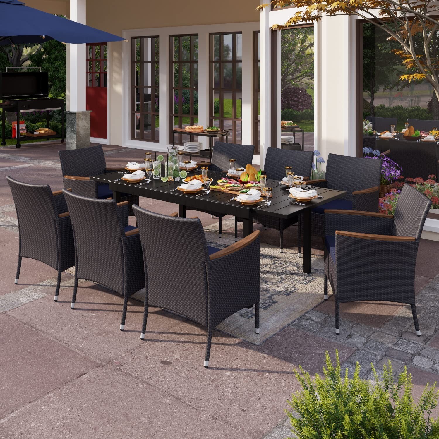 9 PCS Outdoor Dining Set Rattan Patio Furniture Set Outdoor Expandable Table