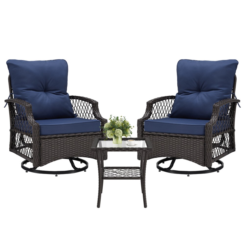 3-Piece Patio Set, Wicker Swivel Chairs with Cushions and Side Table for Yard