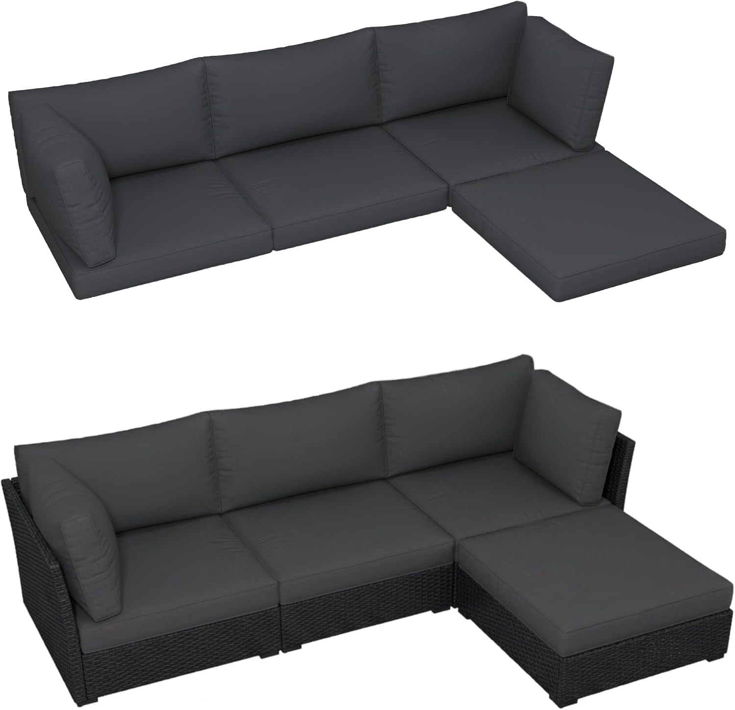 4Pk Black Outdoor Sofa Cushions 5 Pillows Water-Resistant for Patio