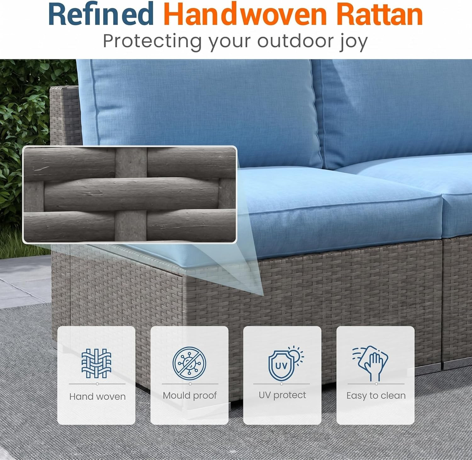 Light Blue Outdoor Wicker Sofa Set with Washable Cushions for Patio & Garden