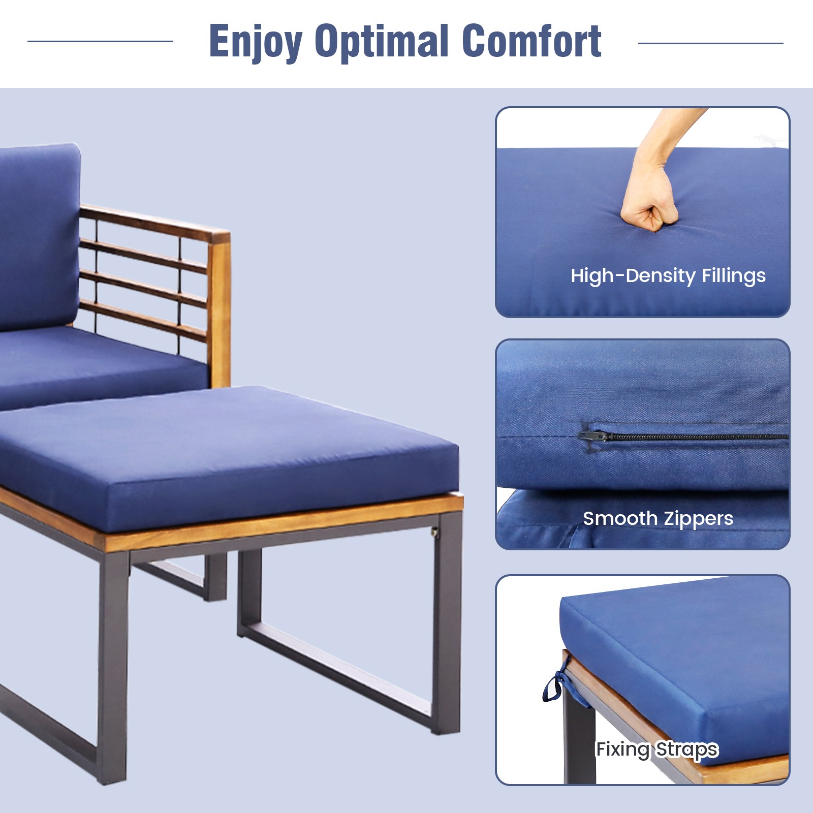 5pcs Patio Acacia Wood Cushioned Chair Ottoman Table Furniture Set Outdoor Navy