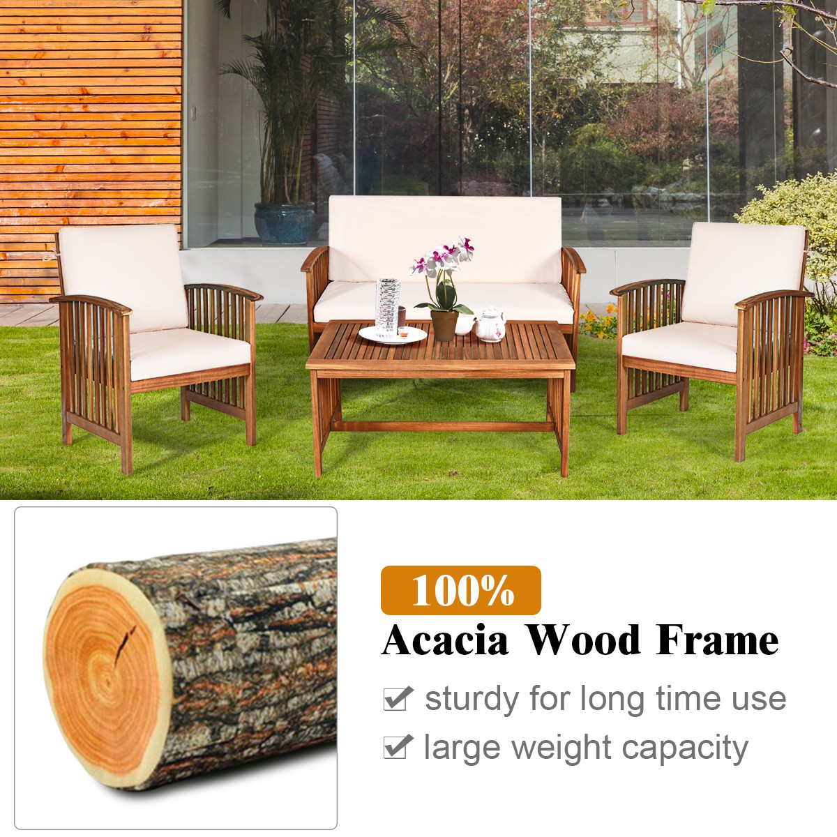 Patio 4PCS Solid Wood Furniture Set Conversation Chairs Table W/White Cushion