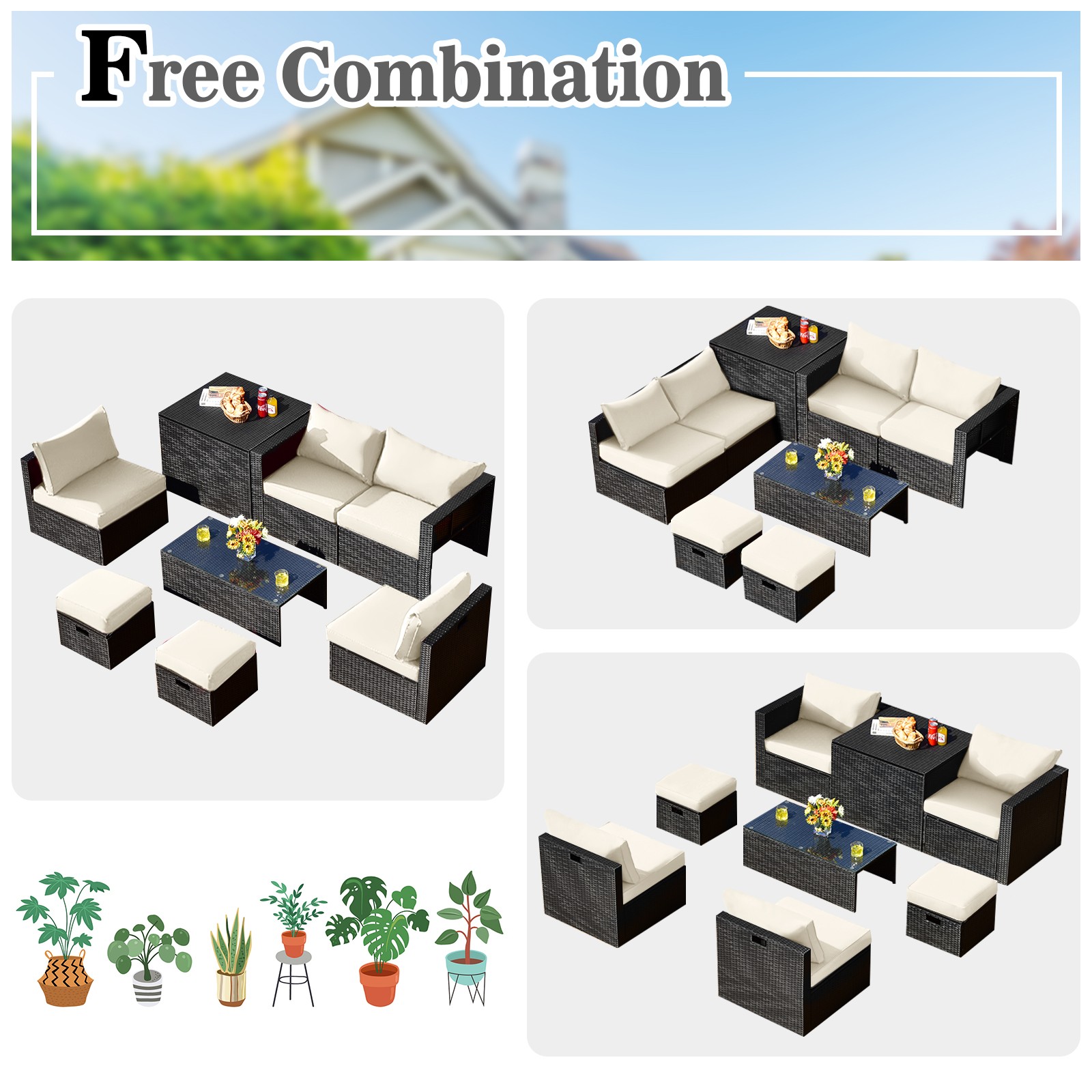 Patiojoy Patio 8PCS Rattan Furniture Set Storage Table Ottoman Off White