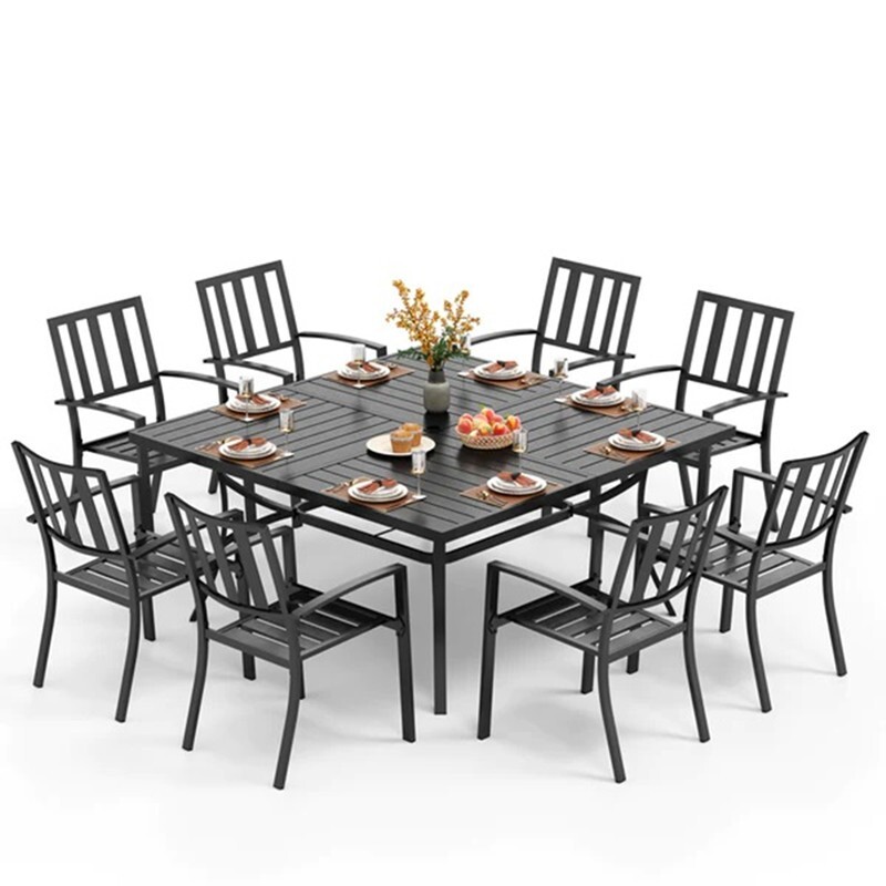 9 Pcs Outdoor Patio Dining Set Furniture Backyard w/ Metal Square Table 8 Chairs
