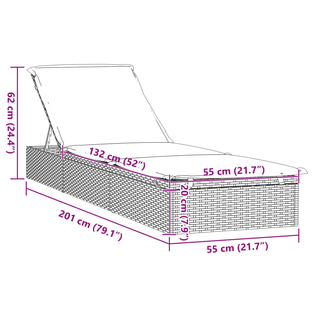 Sunbed 1 pc with Cushion Gray 79.1″x21.7″x24.4″ Poly Rattan