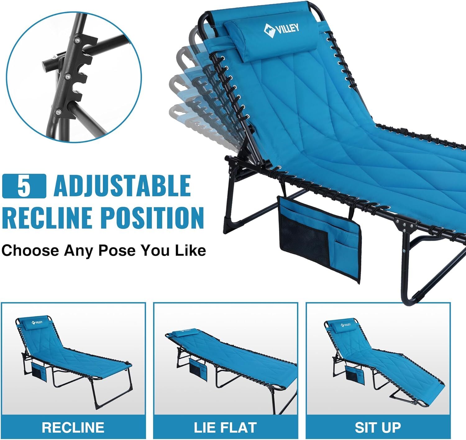 VILLEY Oversized Padded Chaise Lounge with Cushion, Foldable Onesize, Blue
