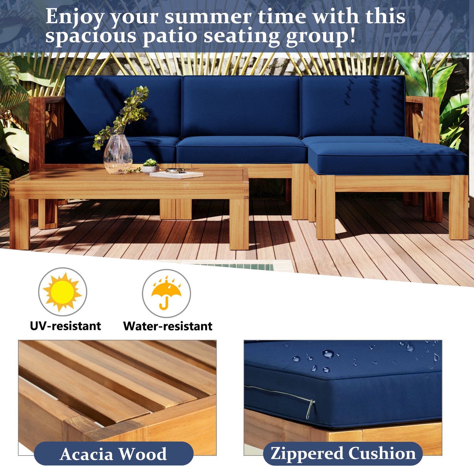 5-Piece Acacia Wood Patio Sectional Sofa Set with Blue Cushions – Natural Finish