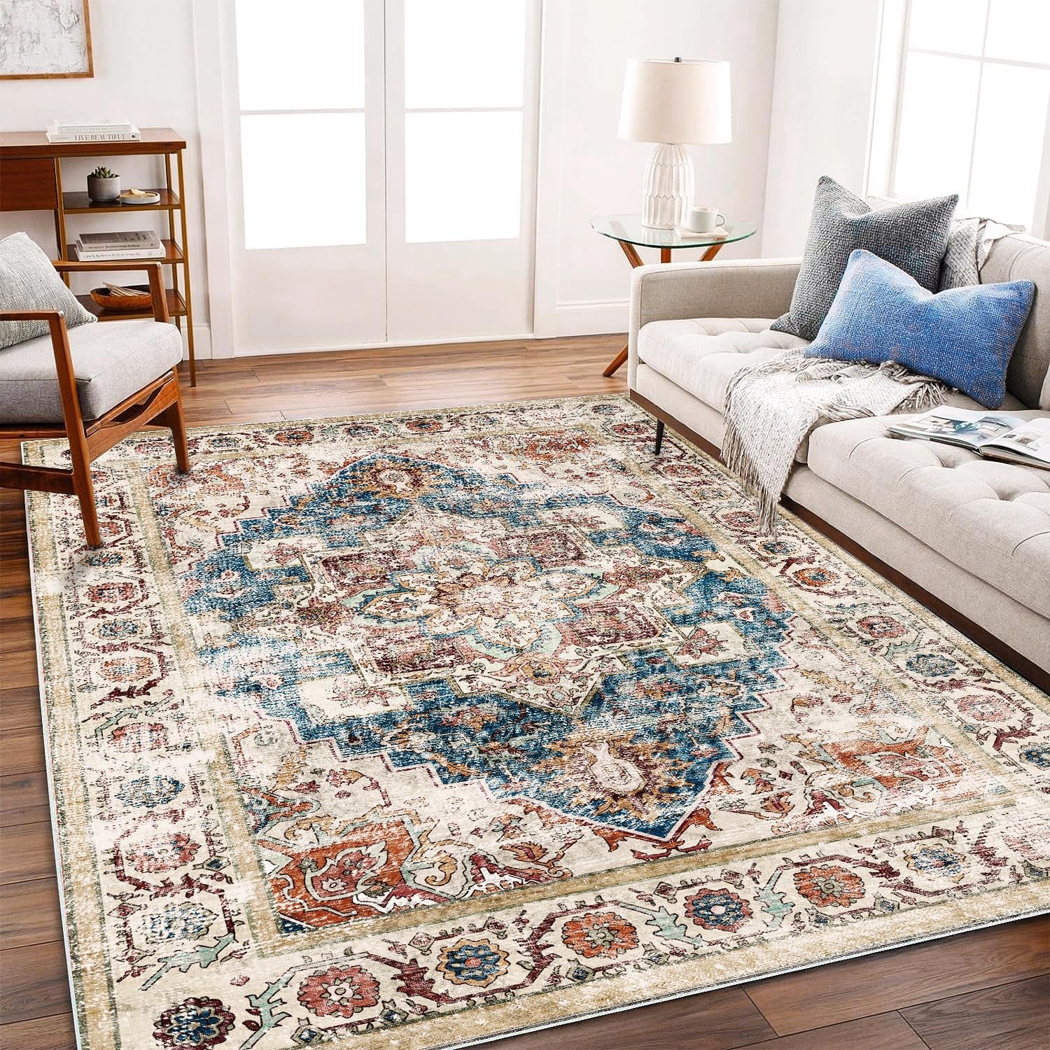 CHPLANT Washable Vinta Area Rug 6’x9′ Boho Bei Blue Chic Medall