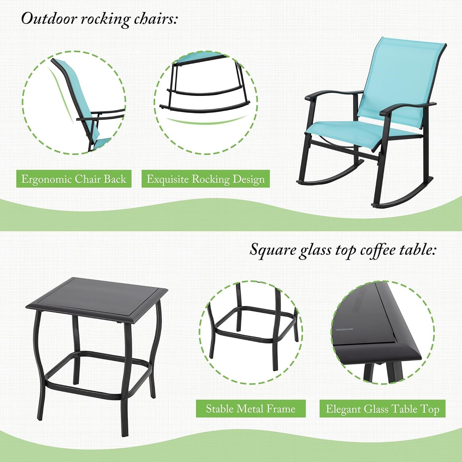Stylish Blue Rocking Bistro Set with Glass Table – Perfect Garden Furniture