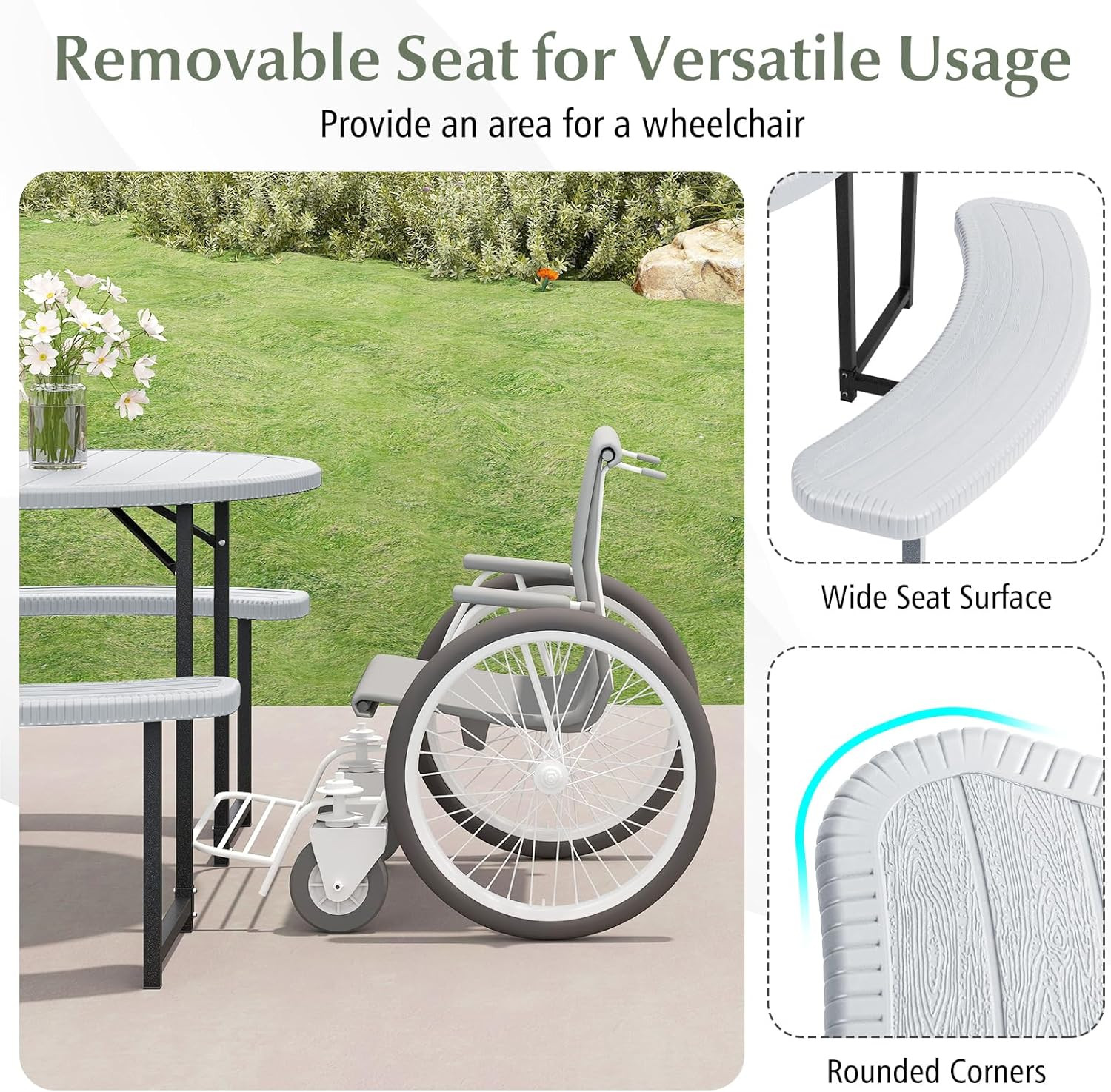 Round 37” Picnic Table Set for 4-8, Umbrella Hole, 1400Lb Capacity, White