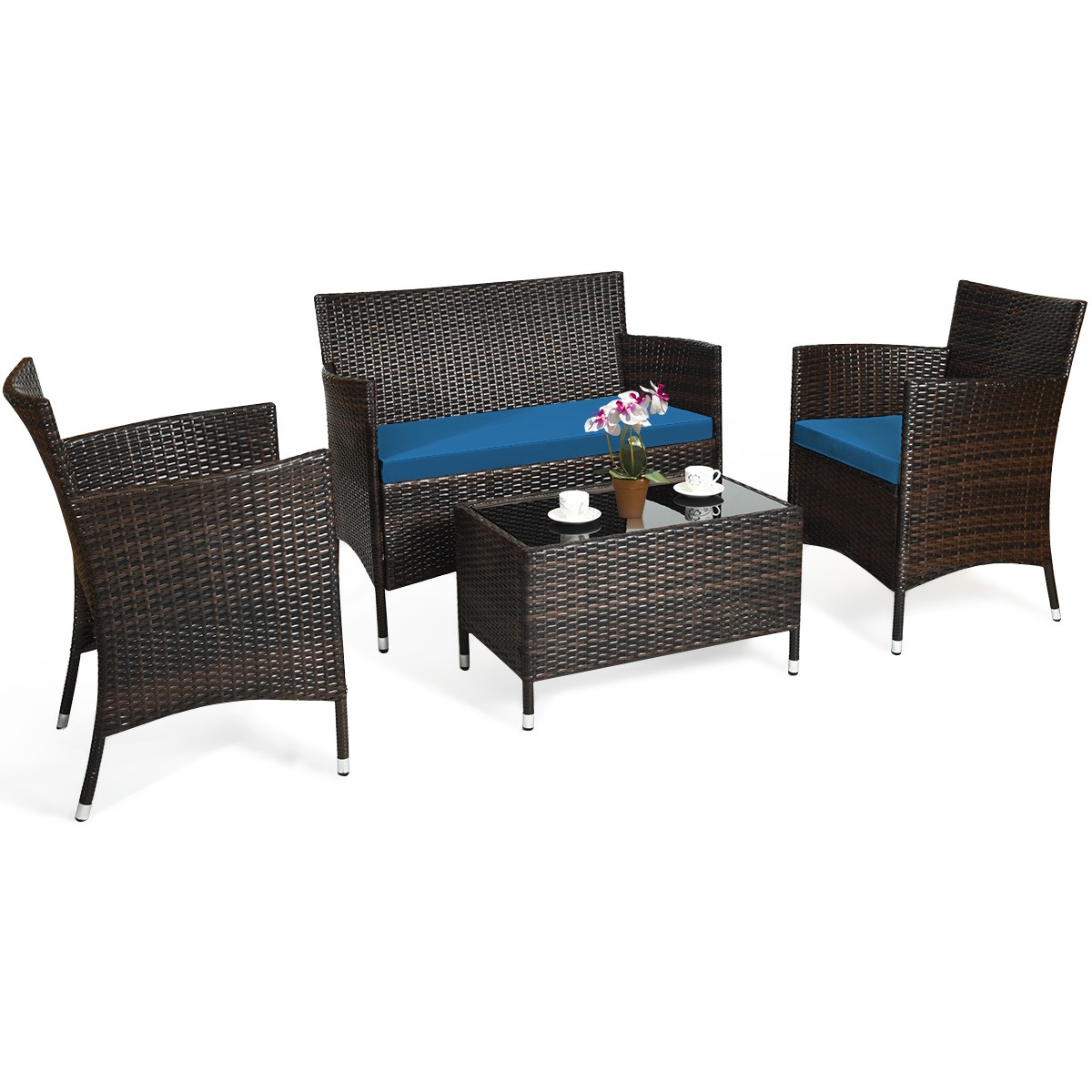 4PCS Rattan Patio Furniture Set Cushioned Sofa Chair Coffee Table Peacock Blue