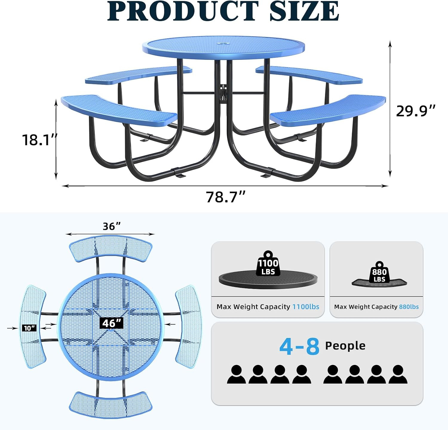 78.7″ Heavy-Duty Metal Picnic Table W/2.05″ Umbrella Hole, round Commercial Outd