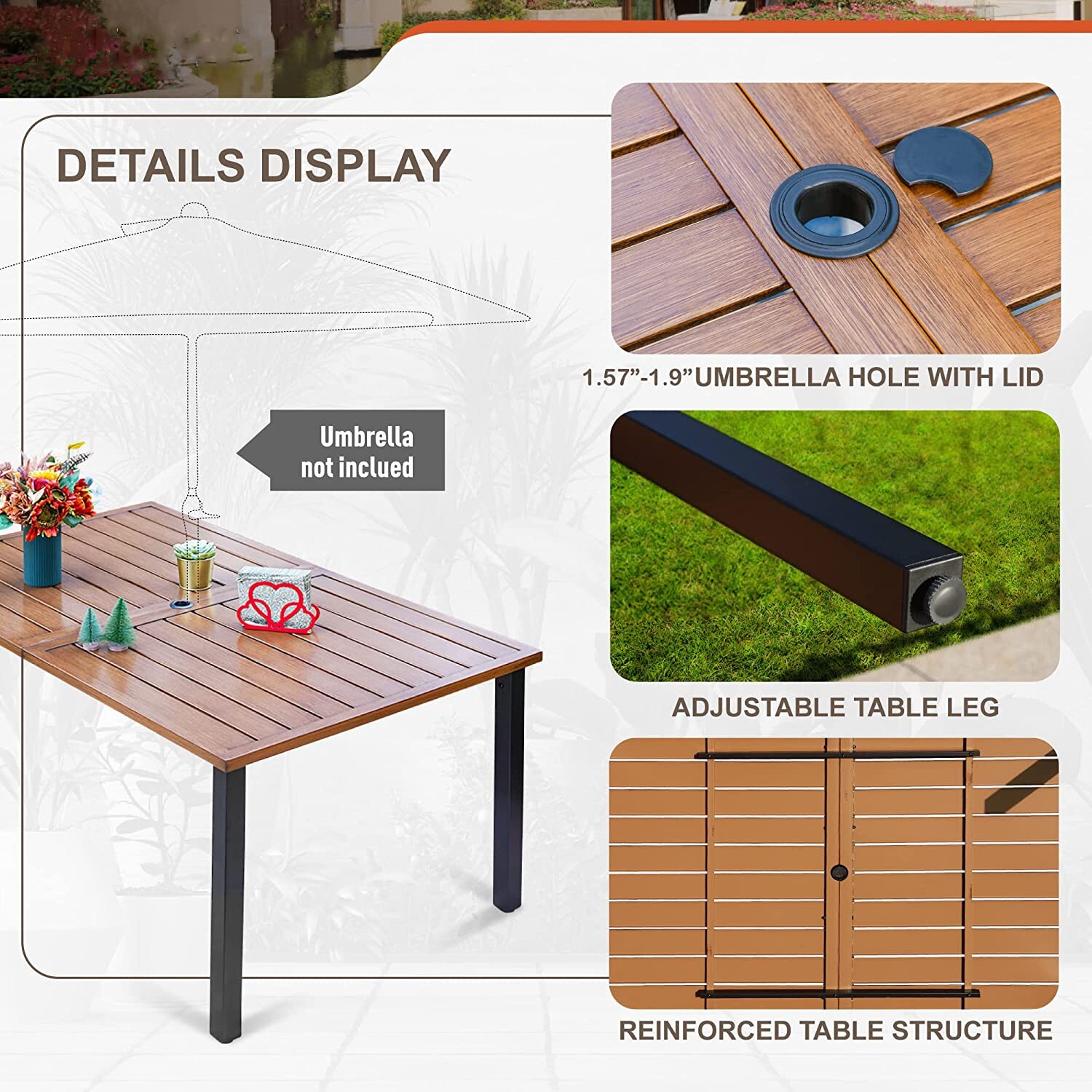 7-PCS Outdoor Patio Dining Set Wood-like Table with Umbrella Hole 6 Chairs Brown