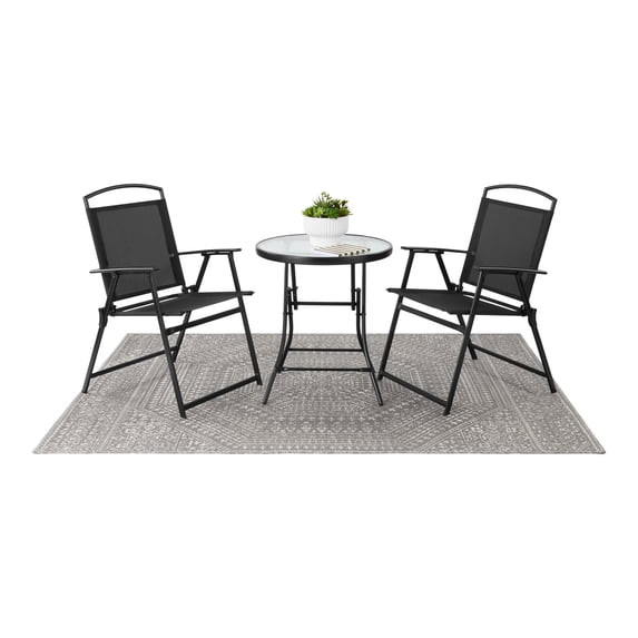 3-Piece Outdoor Bistro Set, Folding Chairs & Glass Table, Black, W61