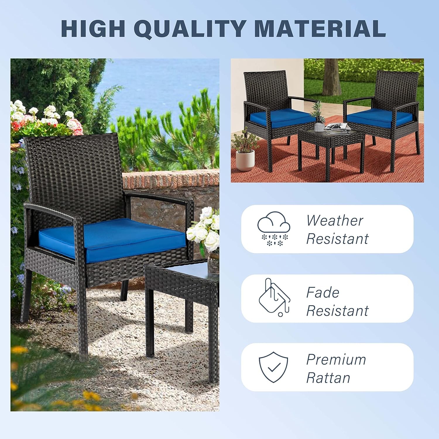 3PCS PE Rattan Patio Conversation Set Outdoor Patio Furniture Sets | Thick