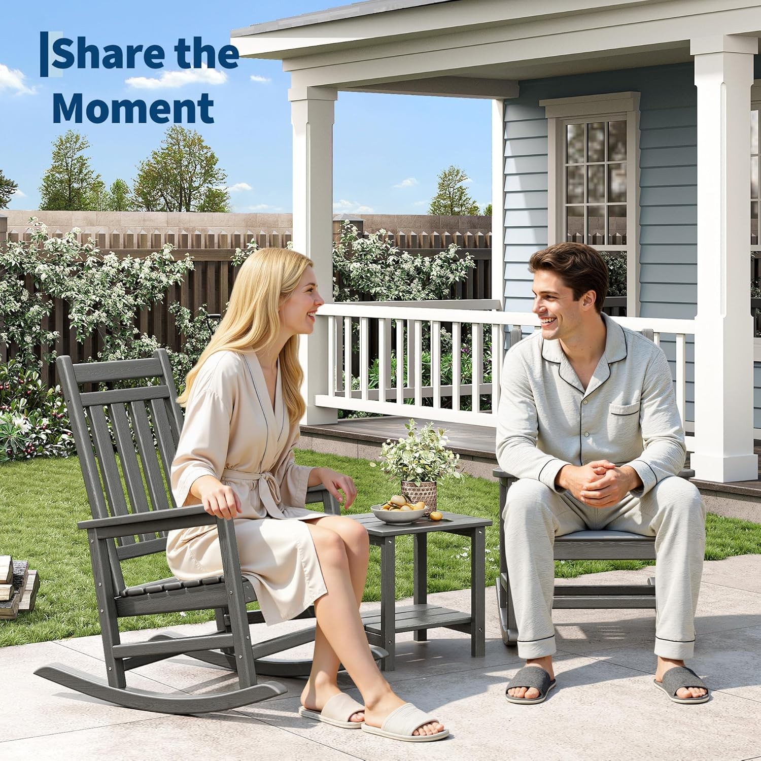 Set of 3 HDPE Rocking Chairs w/ Side Table High Back 350 lbs Patio Porch Rockers