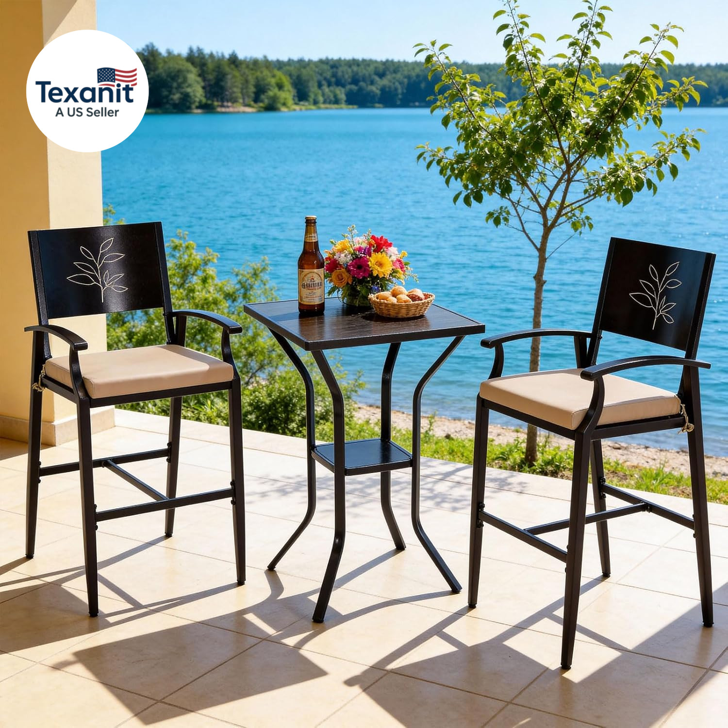 3-Piece Outdoor Bar Set, Bar Height Table and Stools with Stone Crystal Waterpro