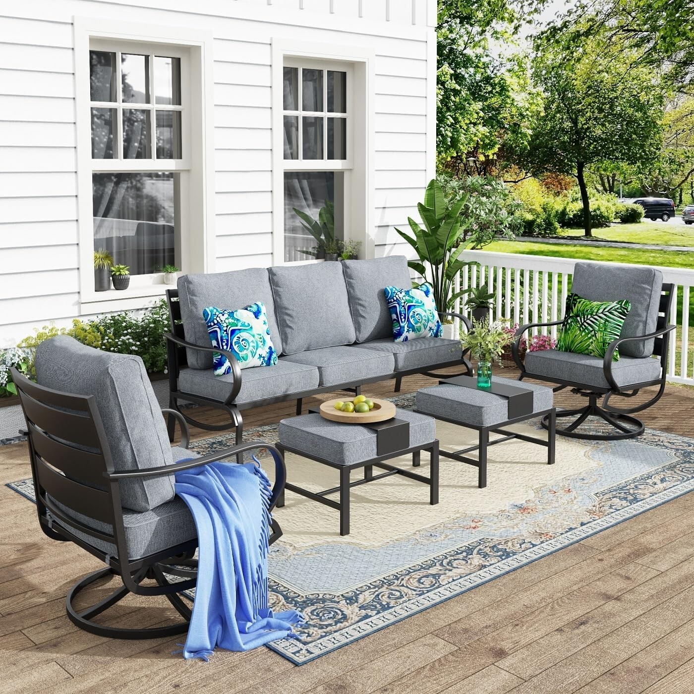 Outdoor Furniture Set Patio Conversation Sofa Sets with Swivel Chairs Ottoman