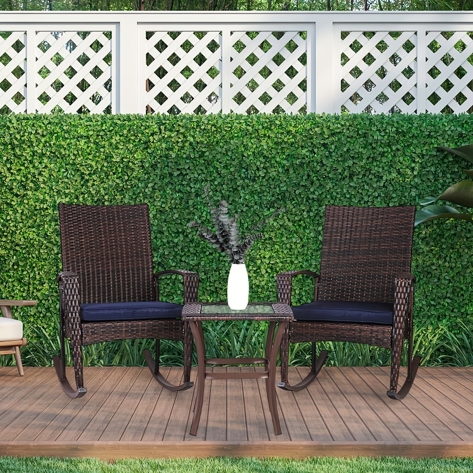 3XOutdoor Wicker Rocking Chairs Patio Bistro Set Rattan Table Furniture&Cushion