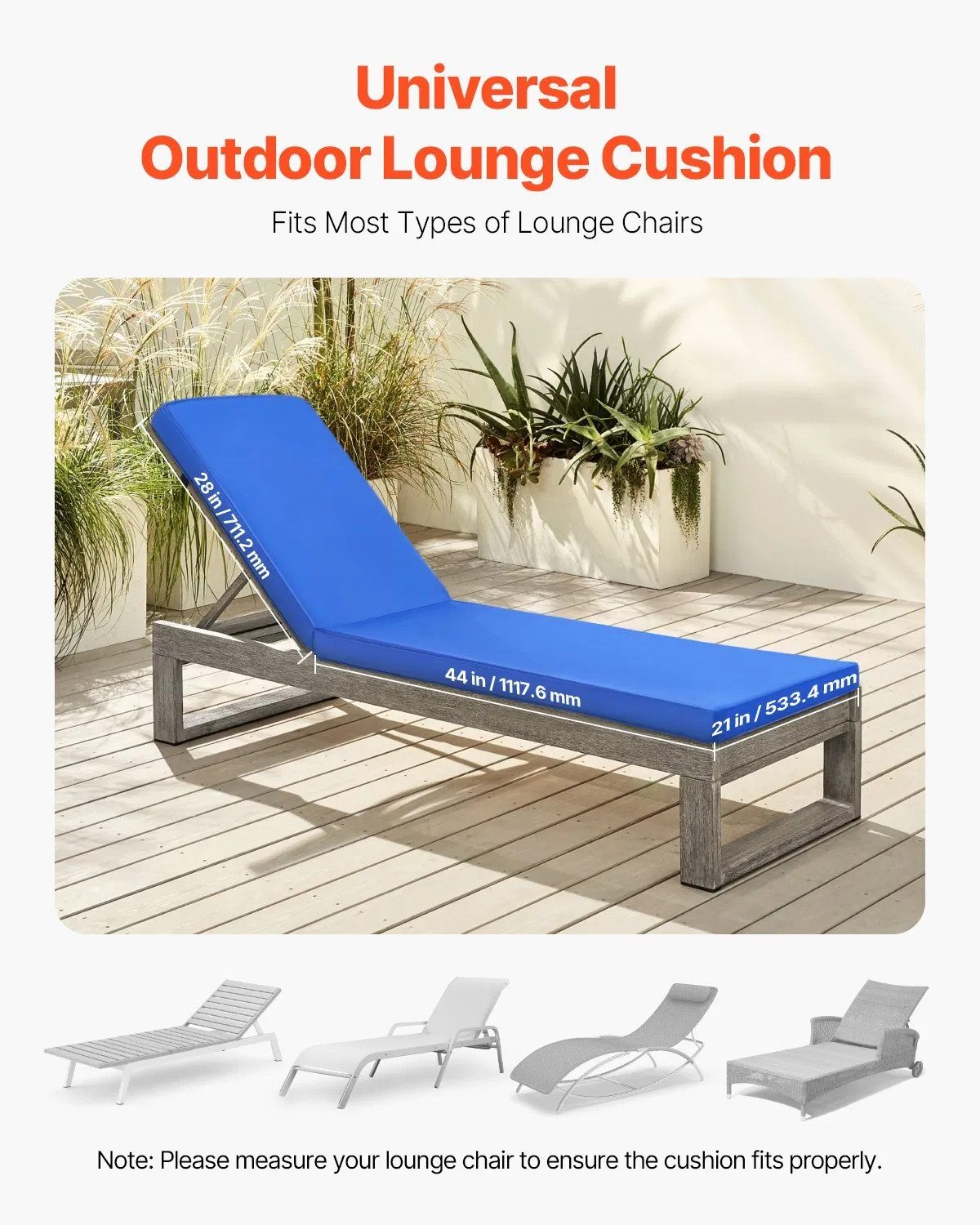 Chaise Lounge Cushion, 72 x 21 x 3 in, Outdoor Lounge Chair Cushions, Waterproof