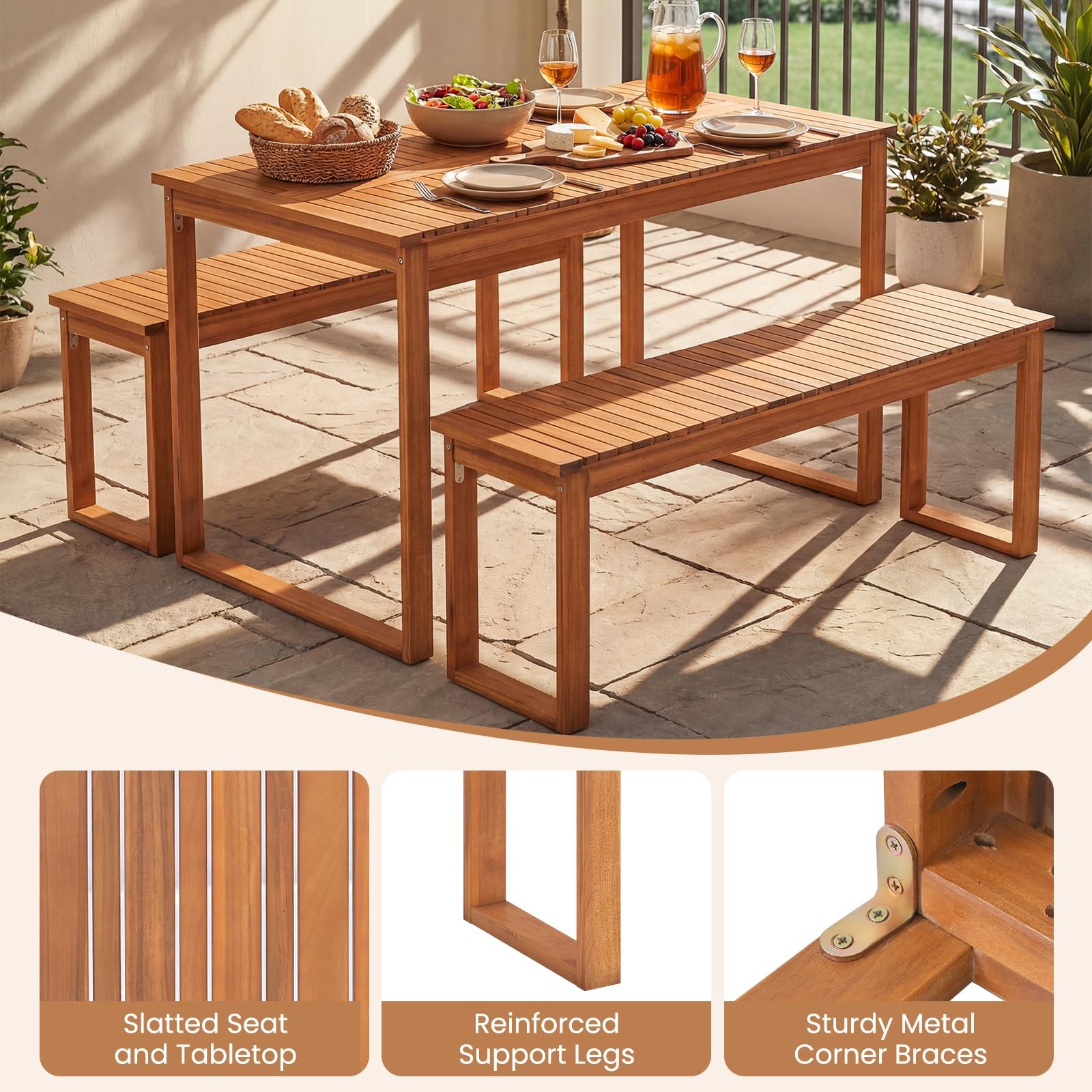 Tangkula 3 Pieces Patio Wooden Dining Set, Acacia Wood Rectangular Picnic Bee…