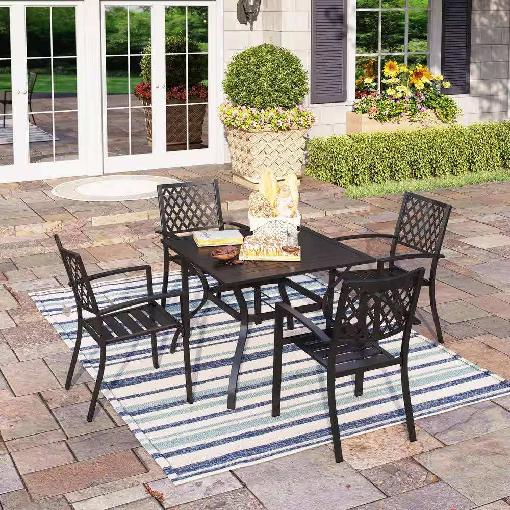 Black 5-Piece Metal Outdoor Patio Dining Set with Slat Square Table and Elegant