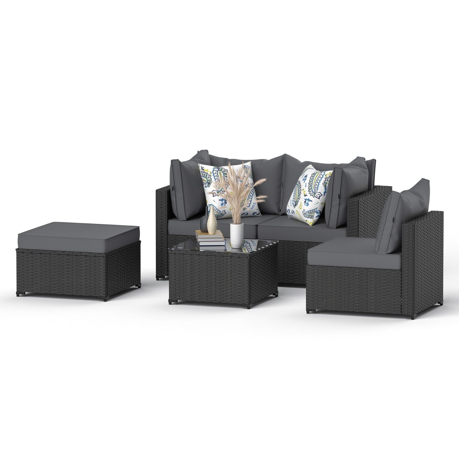 Grey Patio Furniture Set Outdoor Sectional Sofa with Table Rattan Wicker Couch