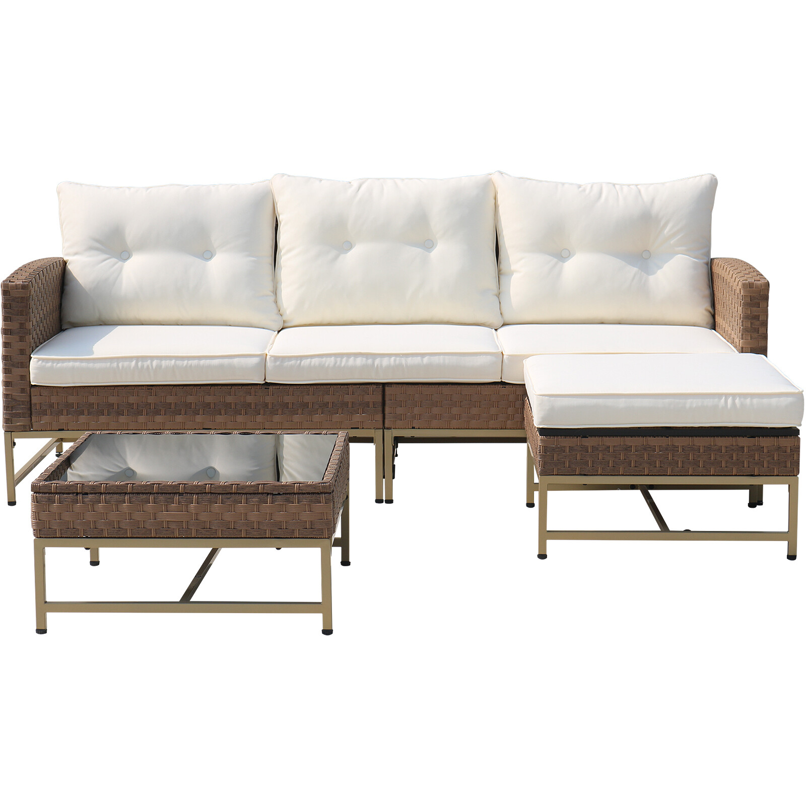 Outdoor Patio Sectional Furniture PE Wicker Rattan Sofa Set W/ White Cushions