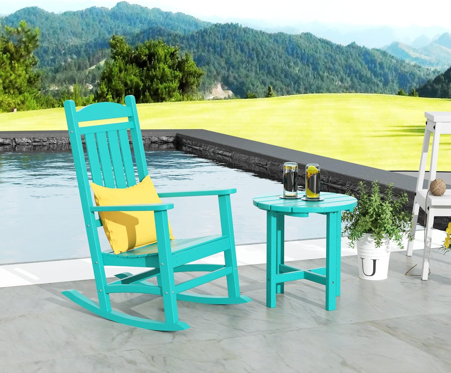 Malibu Malibu Outdoor Patio Porch Rocking Chair with Side Table Set, Turquoise