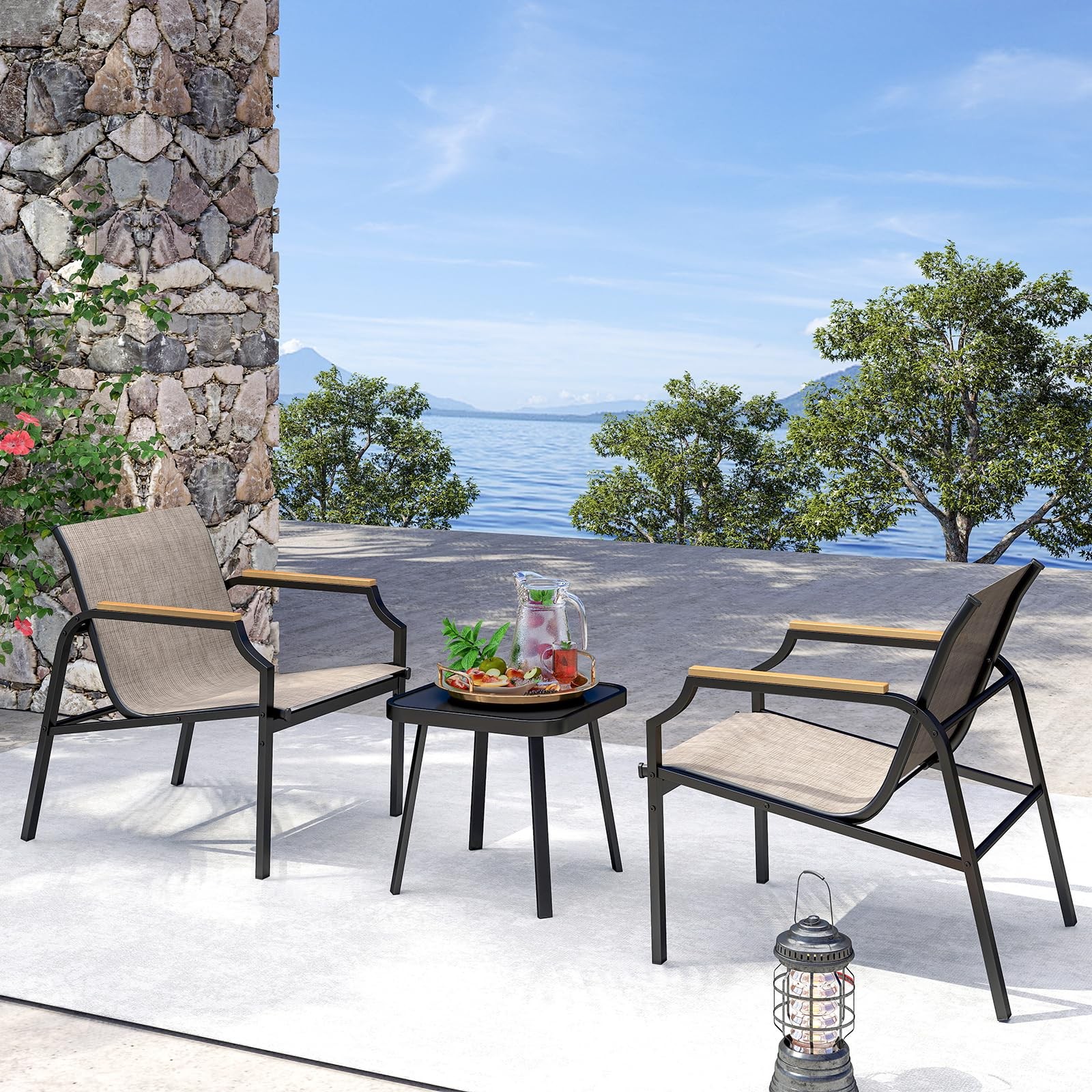3 Piece Outdoor Bistro Set, Table & Metal Frame Chairs Set of 2 with Breathab…