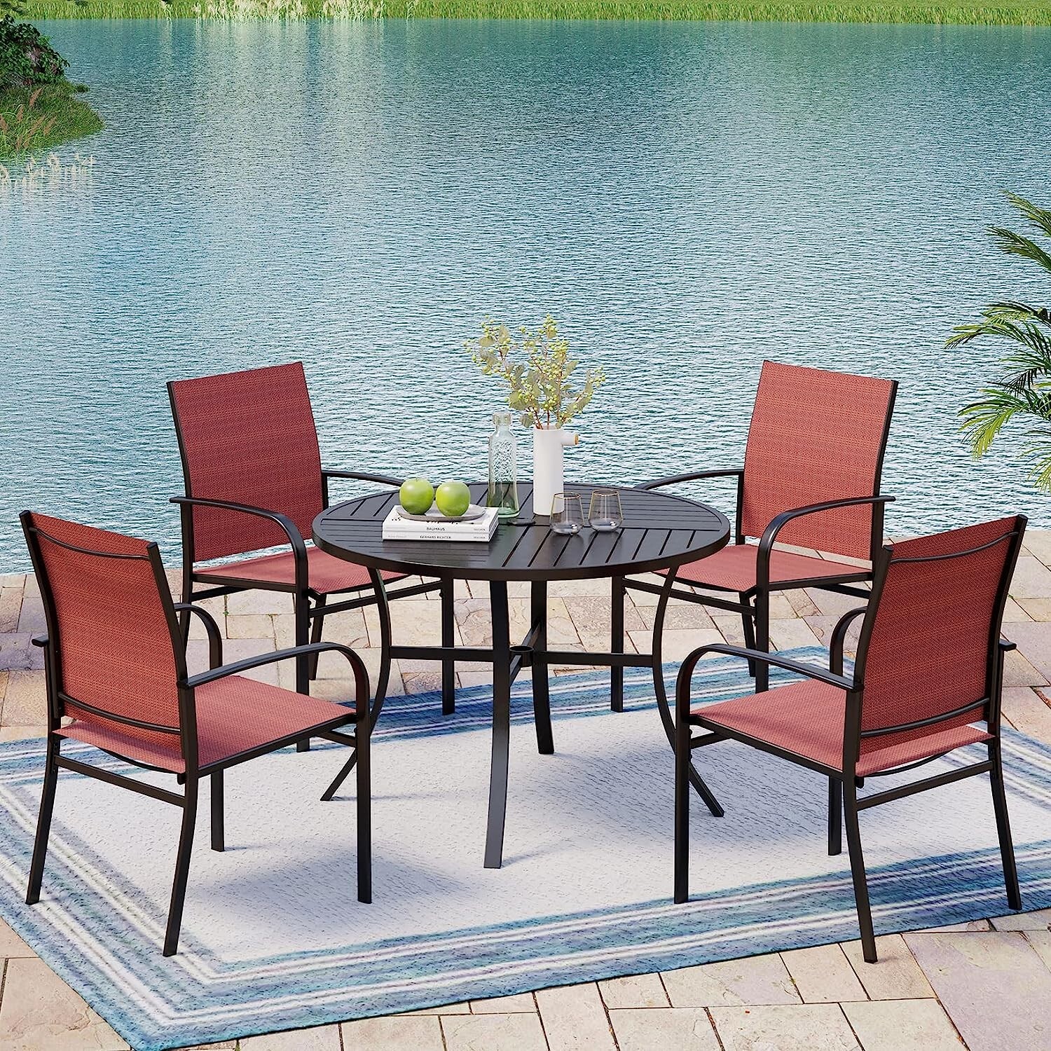 5-Piece Outdoor Patio Dining Set 42″ Round Table with Umbrella Hole 4 Chairs Red