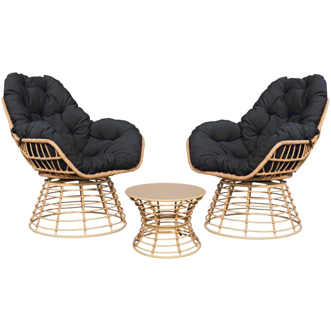 2PC Outdoor Swivel Chair Set Wicker Patio Furniture with Side Table Brown