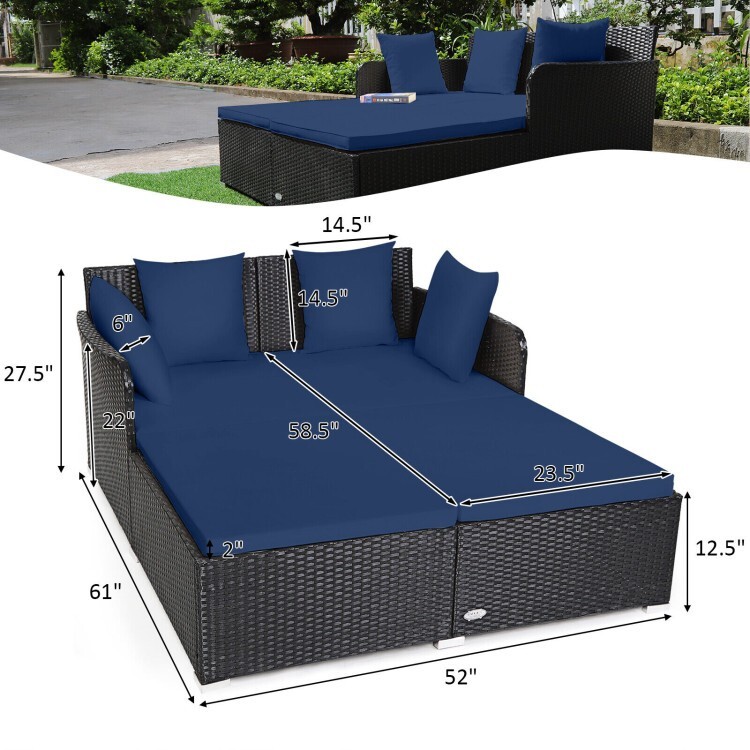 Outdoor Patio Rattan Daybed Wicker Sofa Deck Furniture w/Cushions & Pillows Navy