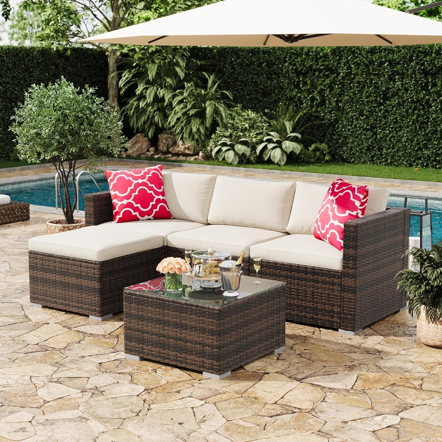 5 Piece Outdoor Deck Furniture Wicker Sectional Sofa Set w/ Cushion Patio Rattan