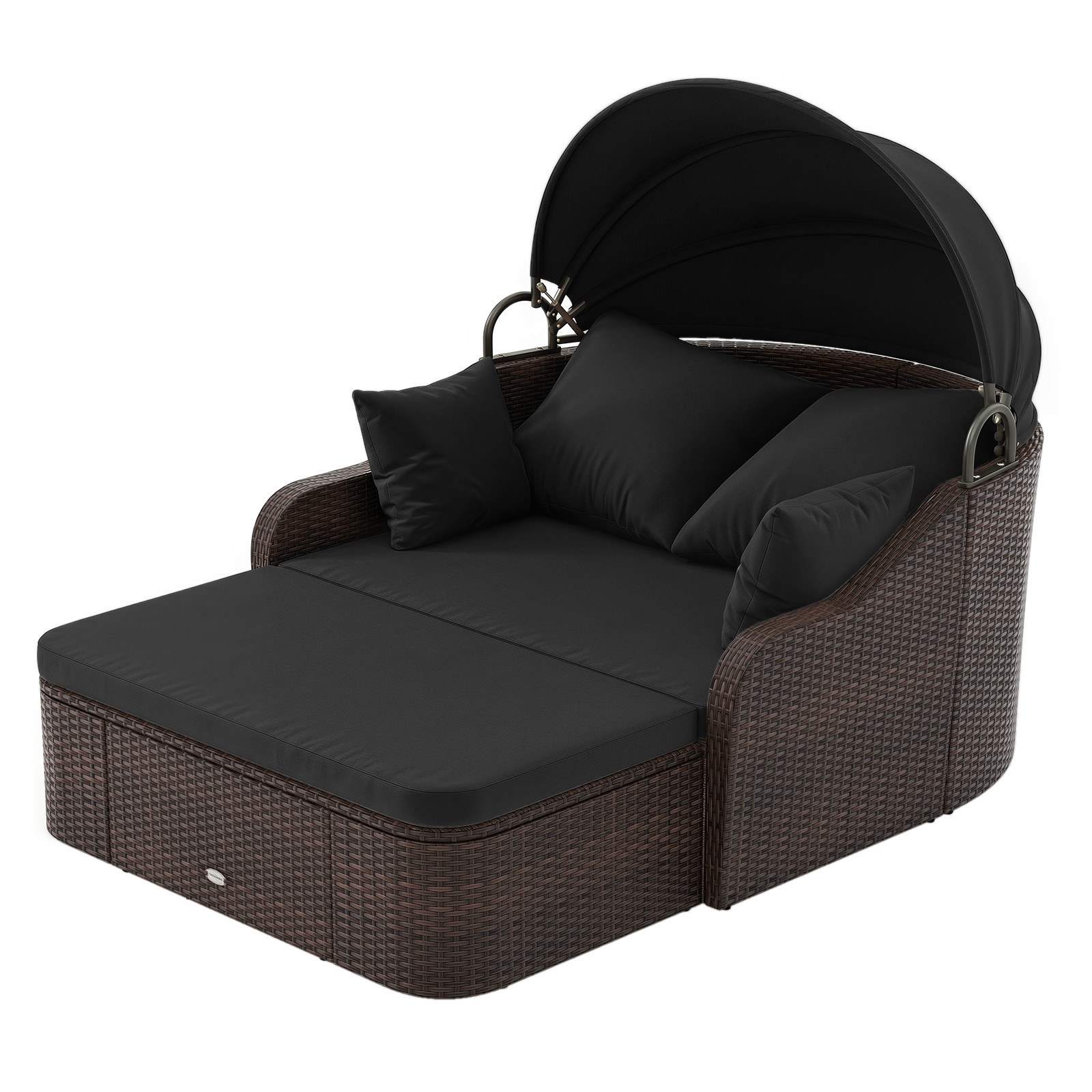 Patio PE Rattan Daybed w/Retractable Canopy, Soft Cushions & Extra Pillows